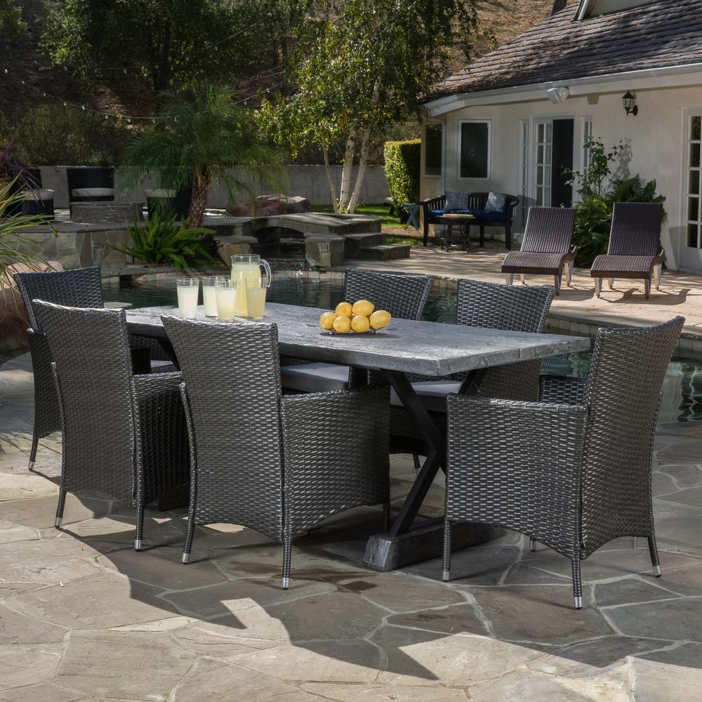 Dining Table Rustic Wicker Patio Furniture Capri Gray 7 Piece Wicker Outdoor Dining Set With Grey Cushions