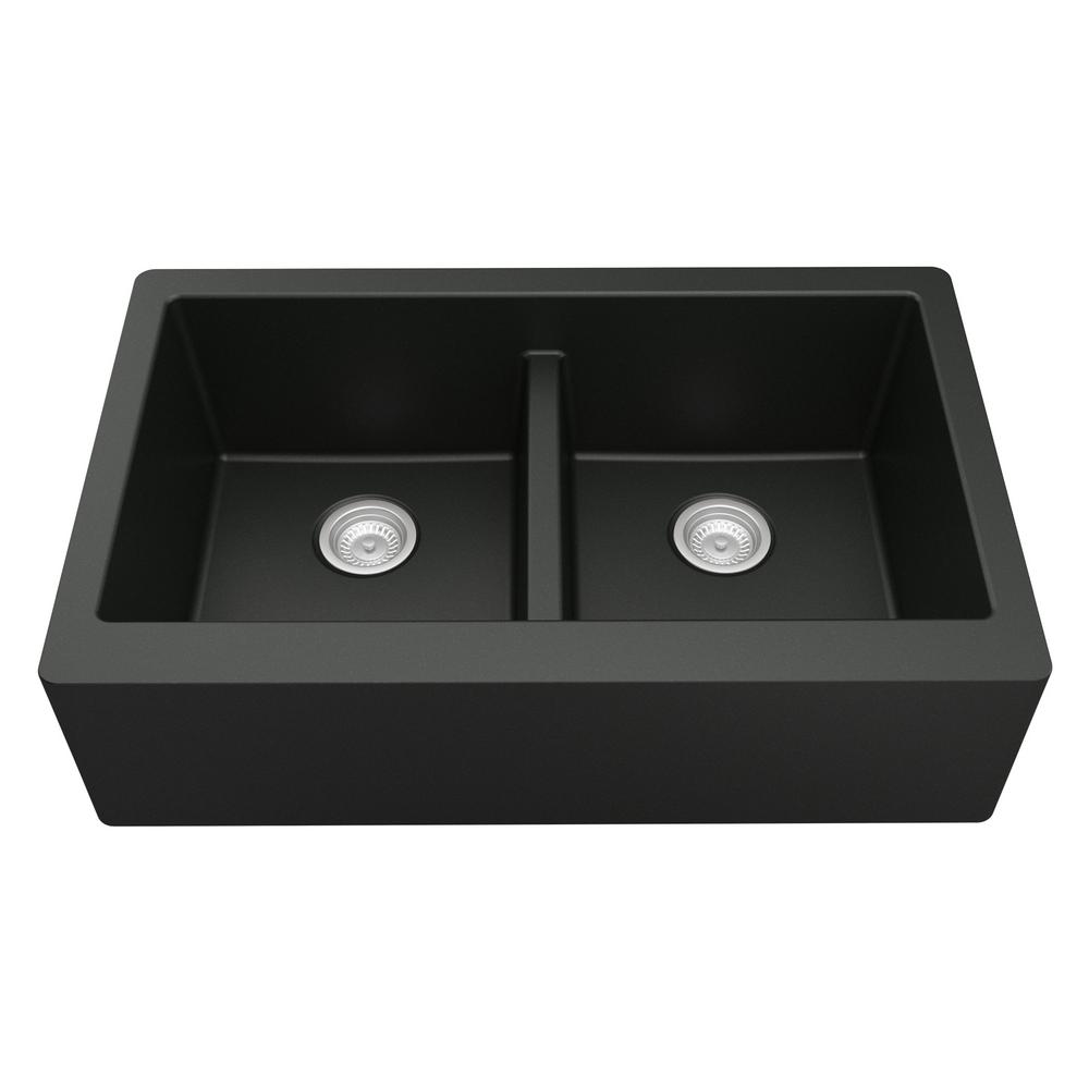 Farmhouse Apron Front Quartz Composite 34 In Double Bowl Kitchen Sink In Black