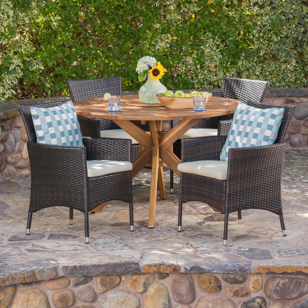 Noble House Annabella 5-Piece Wood and Wicker Circular Outdoor Dining ...