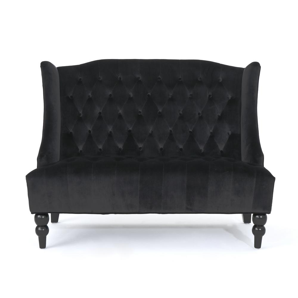 Noble House Leora Traditional Tufted Black Velvet Winged Loveseat