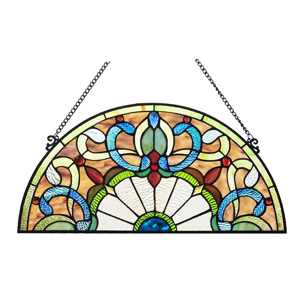 34/"L x 18/"H Half Round Handcrafted stained glass window Jeweled Glass panel