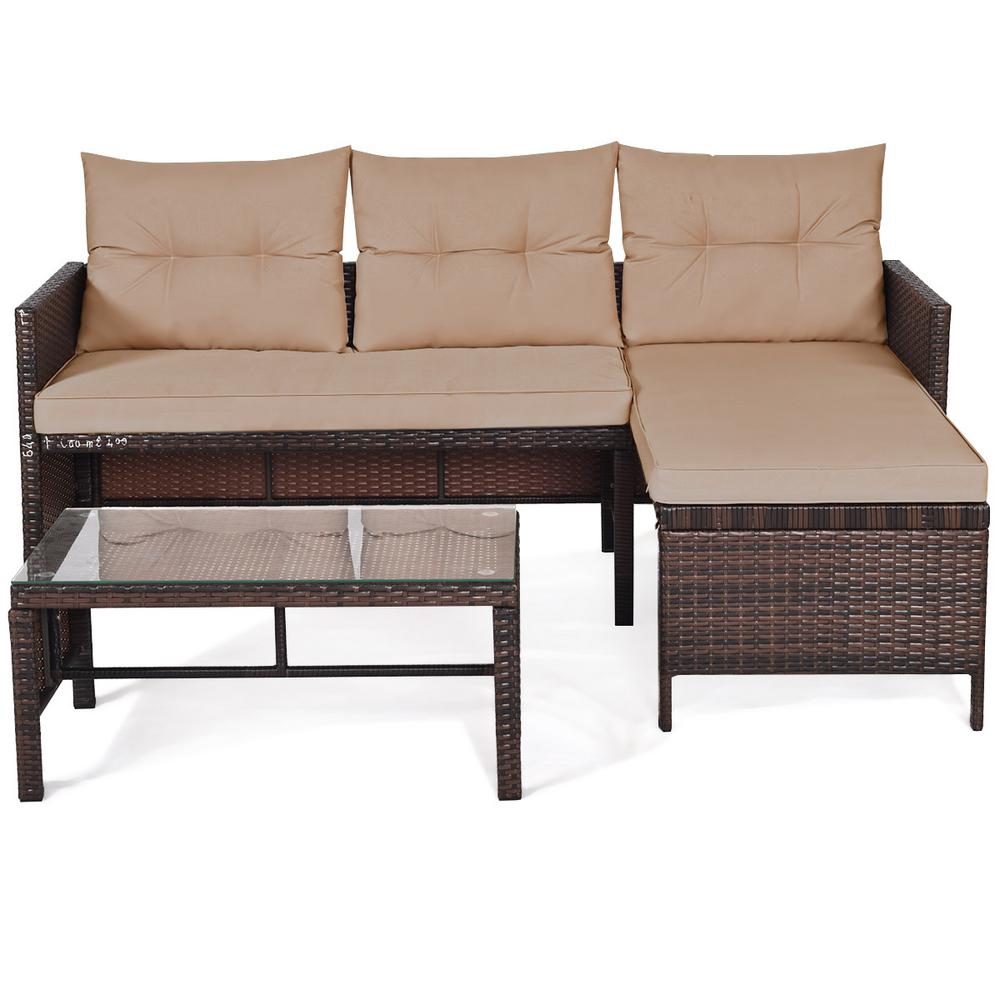 Costway 3 Pieces Rattan Wicker Sofa Set Outdoor Patio Sectional Conversation Set Garden Lawn With Cushions Beige Hw63870 The Home Depot