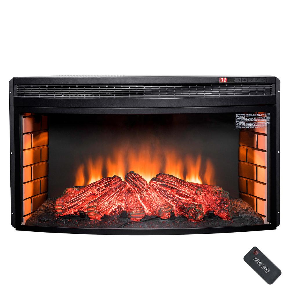 AKDY Freestanding Electric Fireplace Insert Heater in Black with Curved Tempered Glass and Remote Control creates the look of a genuine wood fire.