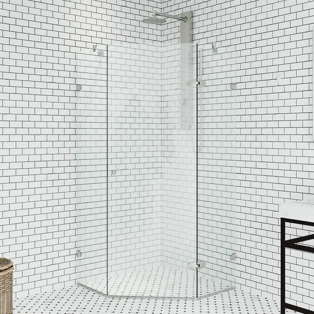 VIGO Verona 36.125 in. x 73.375 in. Frameless Neo-Angle Hinged Corner Shower Enclosure in Brushed Nickel with Clear Glass