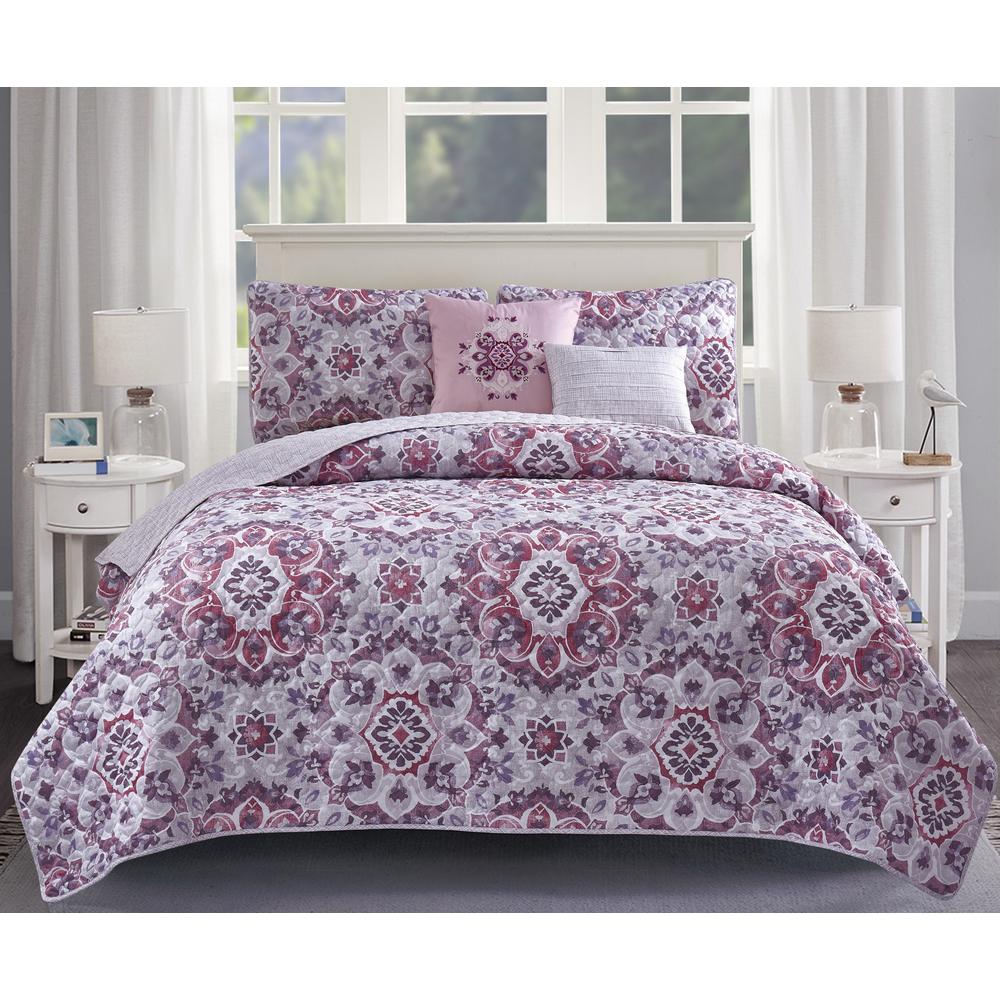 R2zen Santiago 5 Piece Berry Mauve Medallion Full Queen Quilt Set