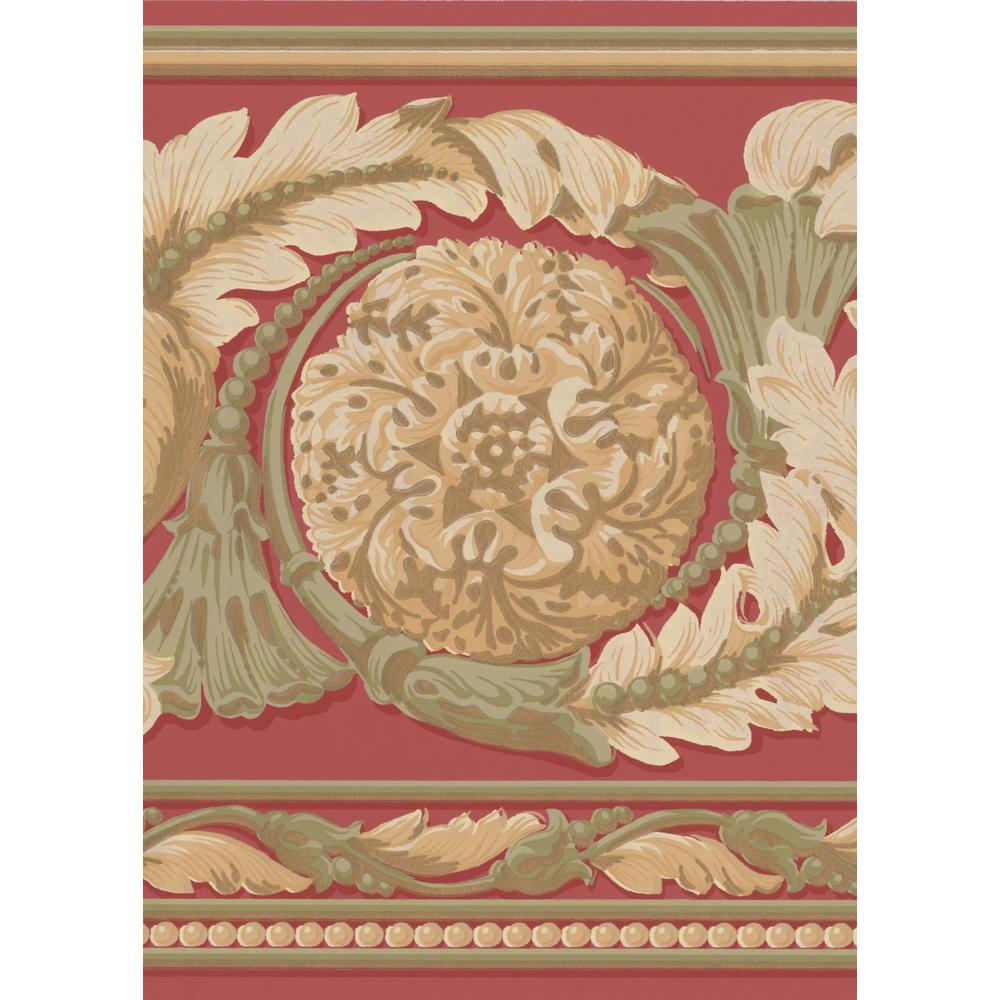 Beautiful Gold Green On Red Modern Damask Wide Unpasted Wallpaper Border