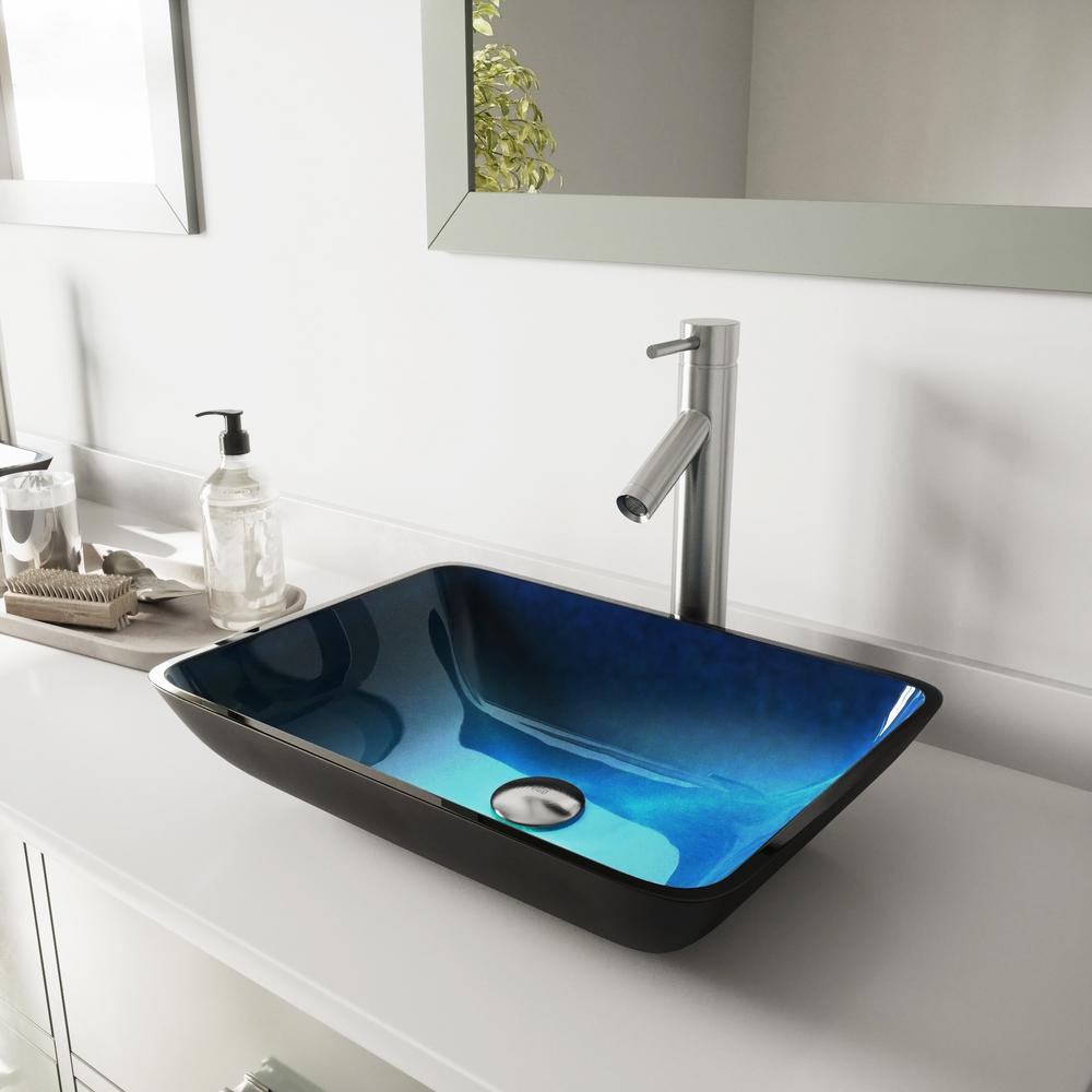 Vigo Rectangular Glass Vessel Bathroom Sink In Turquoise Water And Dior Faucet Set In Brushed Nickel