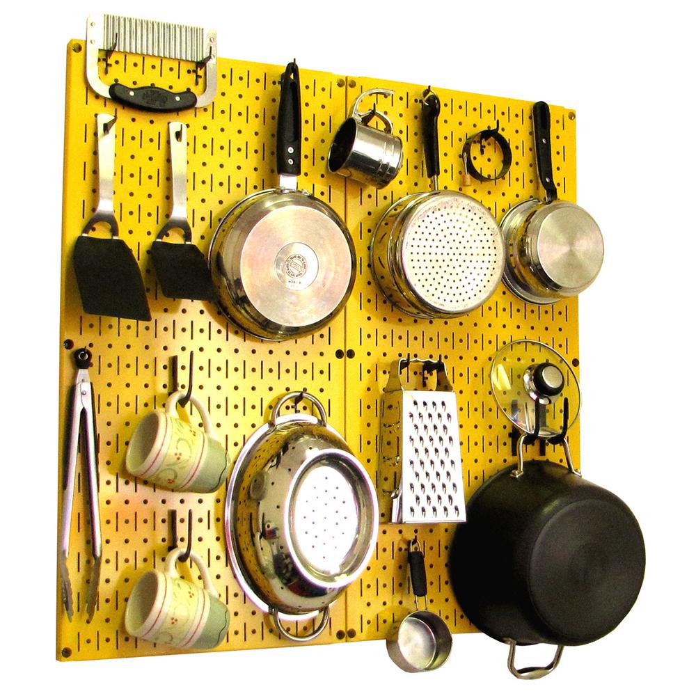 Wall Control Kitchen Pegboard 32 In X 32 In Metal Peg Board Pantry Organizer Kitchen Pot Rack Yellow Pegboard And Black Peg Hooks 31 Kth 210 Yb The Home Depot
