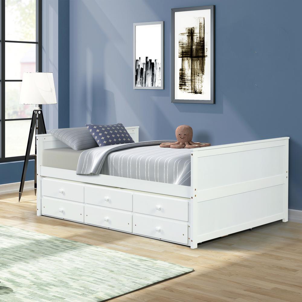White Full Size Daybed Captain Bed, Twin Bed With Trundle And Storage