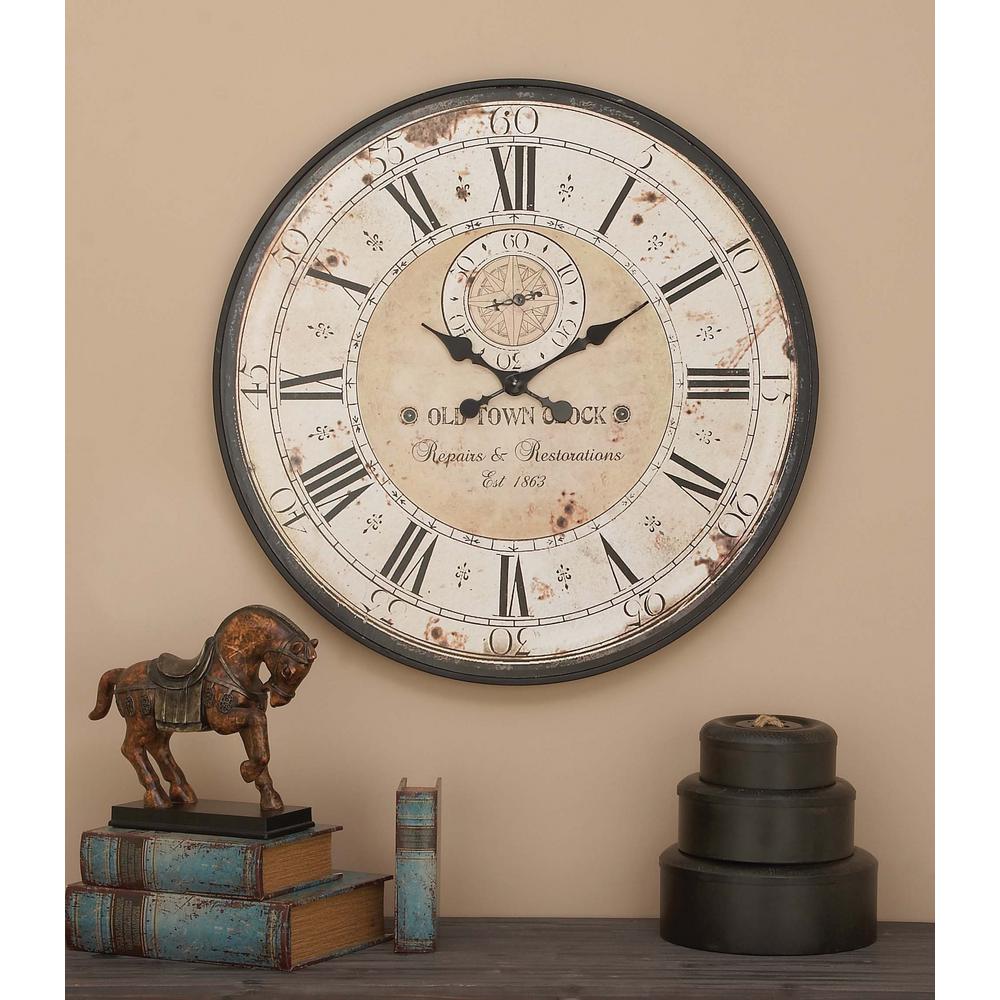 Litton Lane 32 In Round Rustic Black Iron And Wood Antique Roman