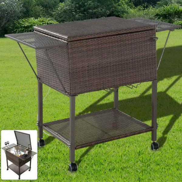 Costway Portable Rattan Cooler Cart Trolley Outdoor Patio Ice Costway Portable Rattan Cooler Cart