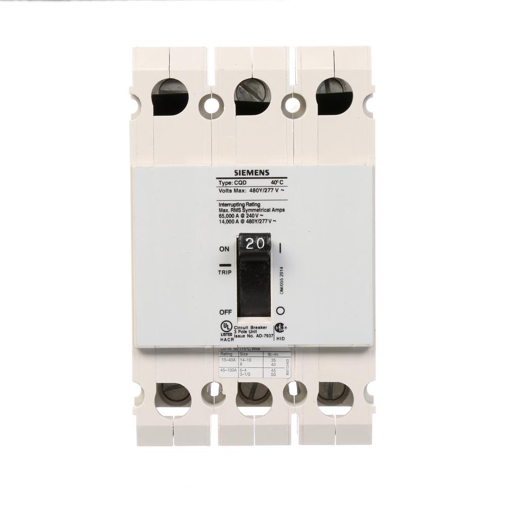 Siemens 20 Amp Triple Pole Type CQD Cabe In Cable Out DIN Rail Circuit Breaker by Siemens