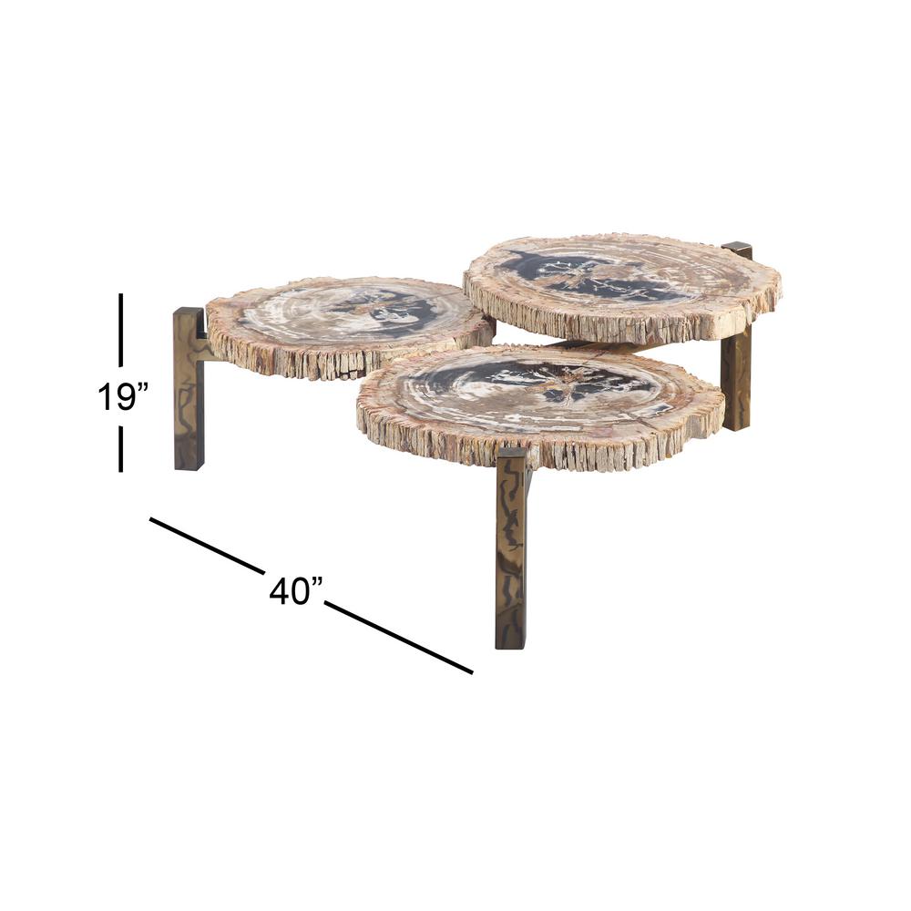 Litton Lane Round Brown Petrified Wood 19 In Coffee Table With Gold Metal Base 3 Tier 91964 The Home Depot