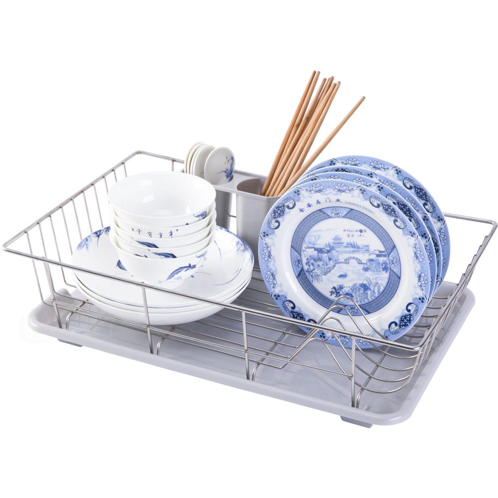 Basicwise Stainless Steel Dish Rack with Plastic Drain Board and Utensil Cup, Grey