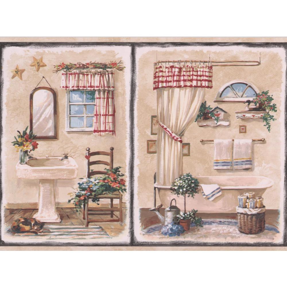 Vintage Bathroom In Black Squares Beige Prepasted Wallpaper Border