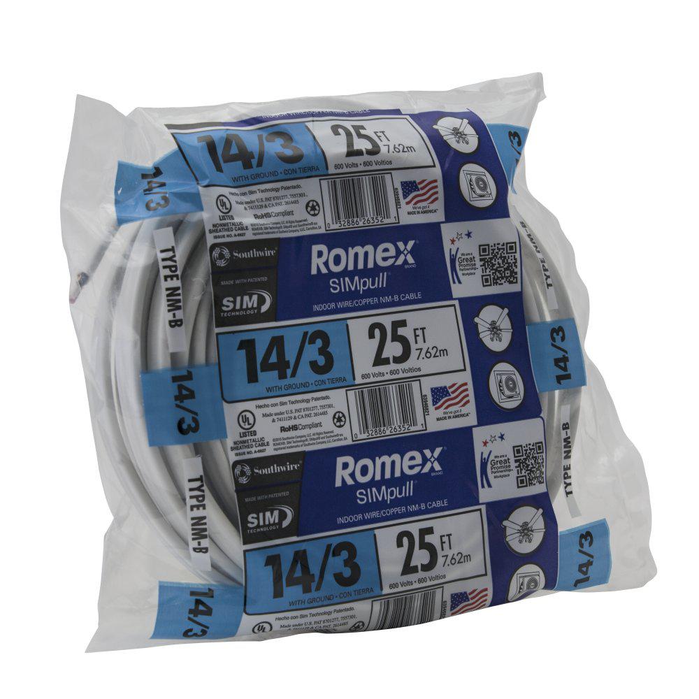 Southwire 25 Ft 14 3 Solid Romex Simpull Cu Nm B W G Wire The Home Depot