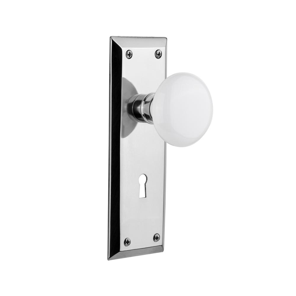 Nostalgic Warehouse New York Plate With Keyhole Double Dummy White Nostalgic Warehouse New York Plate With Keyhole Double Dummy White Porcelain Door Knob In Bright Chrome