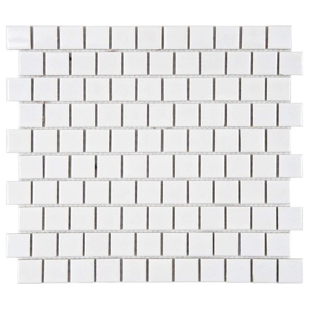 Merola Tile Metro Square Offset Glossy White 103/4 in. x 113/4 in. x 5 mm Porcelain Mosaic