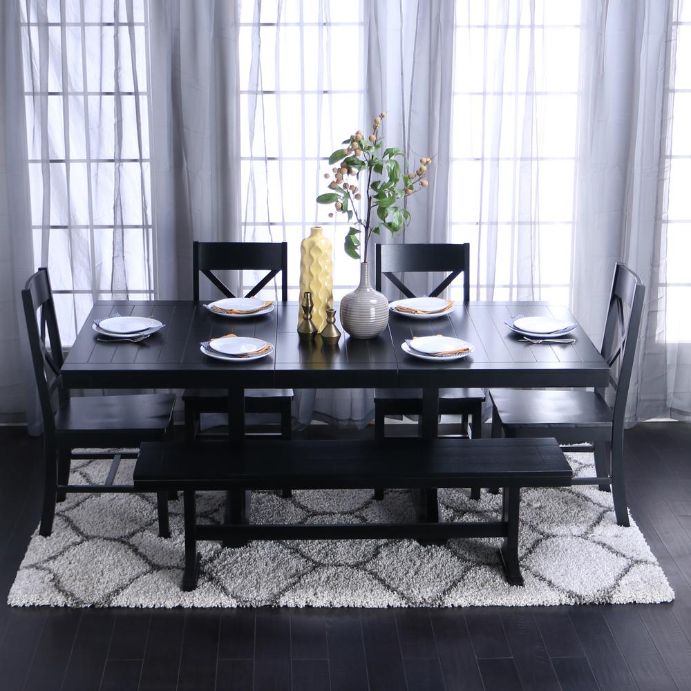 black dining table with bench and chairs