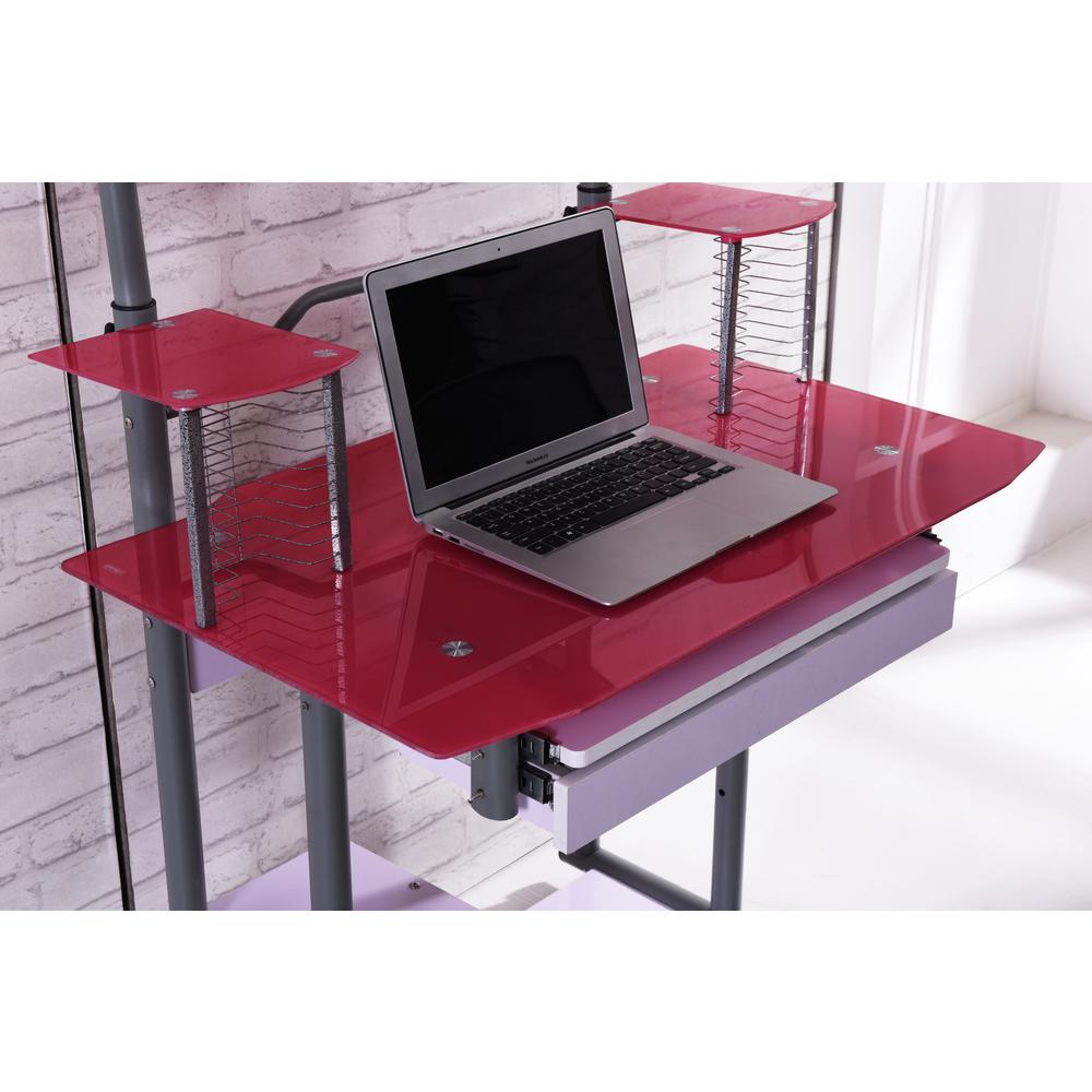 Hodedah Pink Glass Computer Desk With Pull Out Keyboard Tray