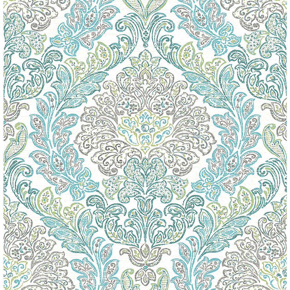 A-Street Fontaine Teal Damask Wallpaper Sample-2702-22742SAM - The Home