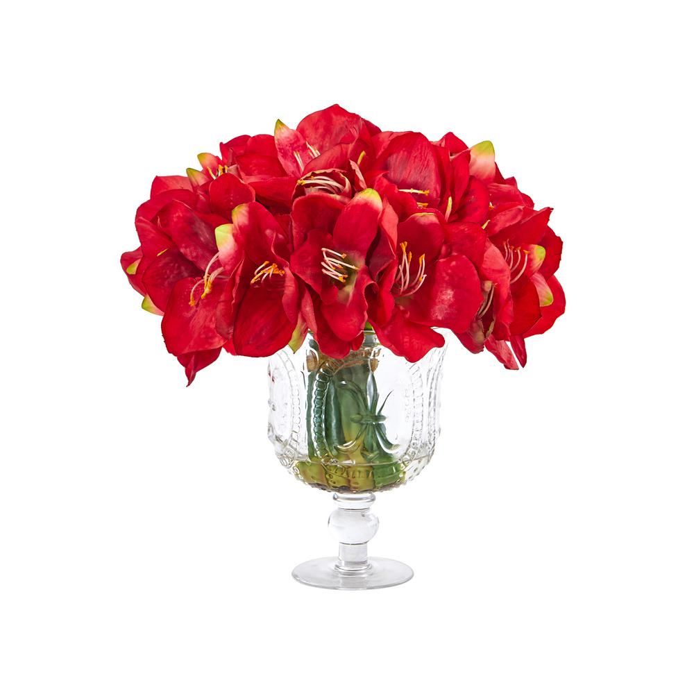 Nearly Natural 1872-RD Amaryllis Artificial Glossy Cylinder Silk Arrangements Red