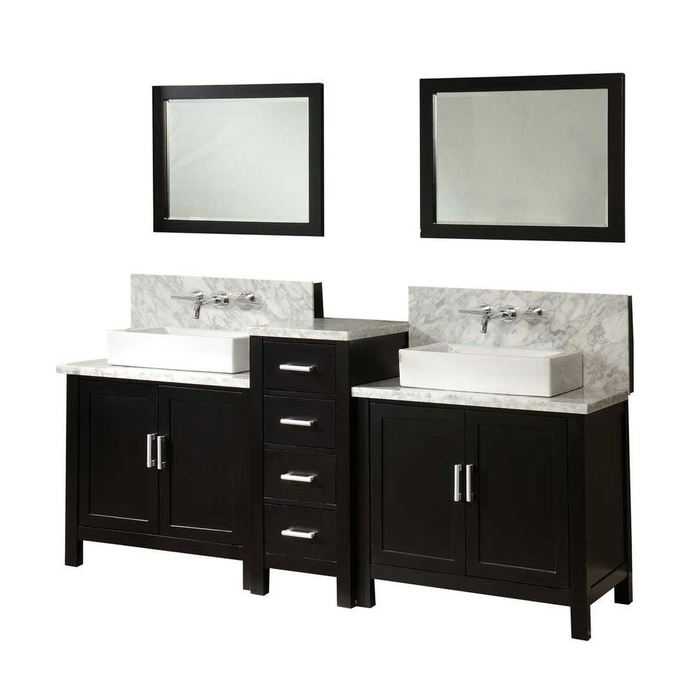 Horizon Premium 84 In Double Vanity In Ebony With Marble Vanity Top In Carrara White And Mirrors