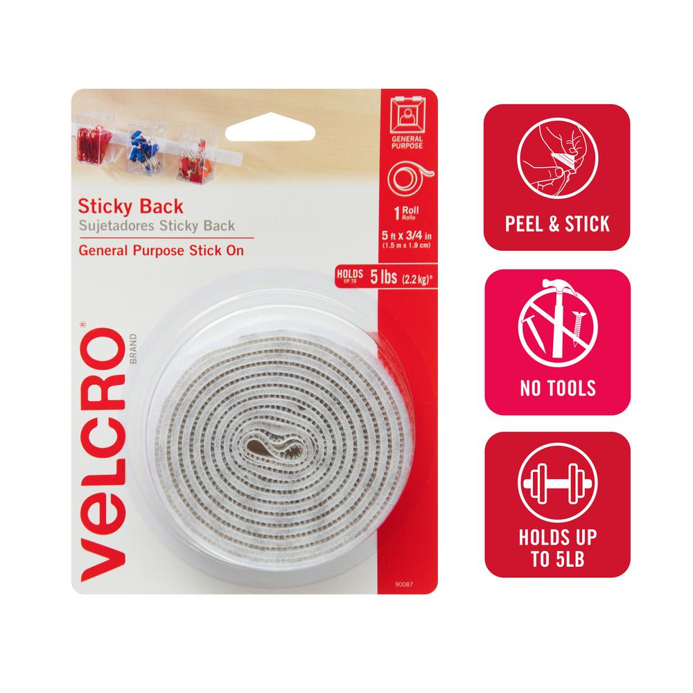5ft x 3//4in RollWhite Sticky Back Hook and Loop Fasteners VELCRO Brand
