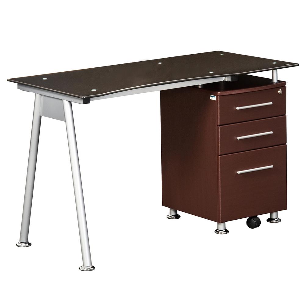 Chocolate Stylish Brown Tempered Glass Top Computer Desk with Storage