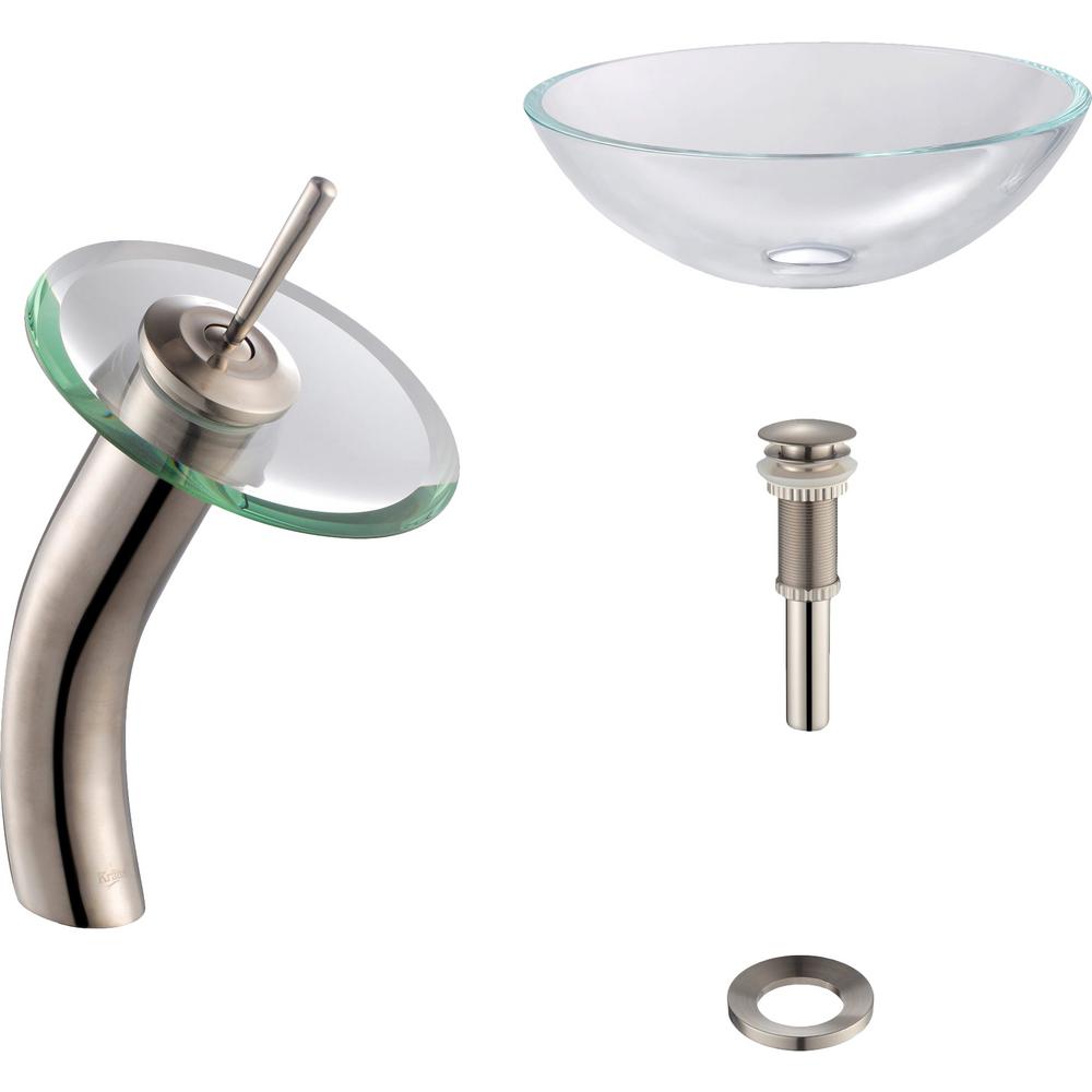 Kraus Glass Vessel Sink In Crystal Clear With Waterfall Faucet In