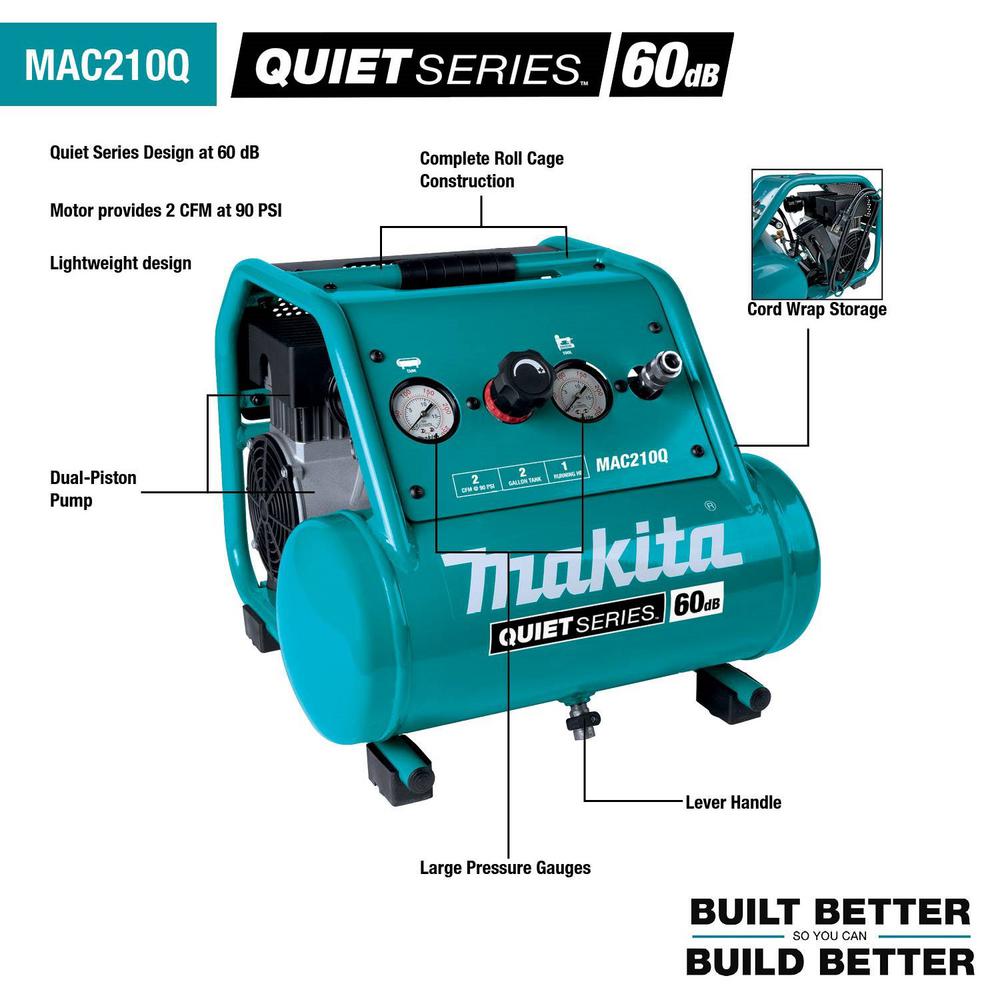 Makita Quiet Series 2 Gal 1 Hp Oil Free Electric Air Compressor Mac210q The Home Depot