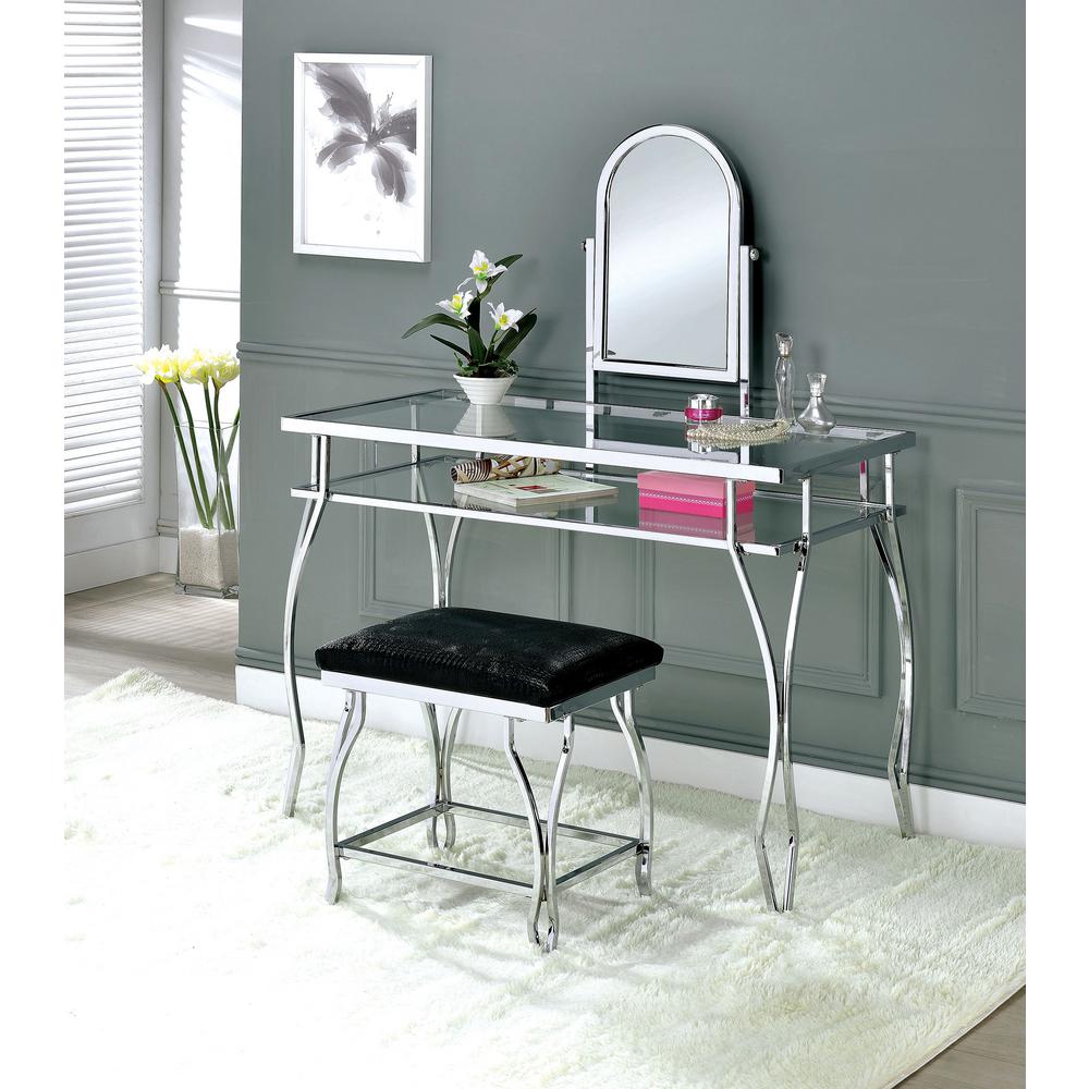 William S Home Furnishing Kerrville Chrome Vanity Table With 1 Kerrville Chrome Vanity Table With 1 Padded Crocodile Skin Textured Leatherette Seat Stool