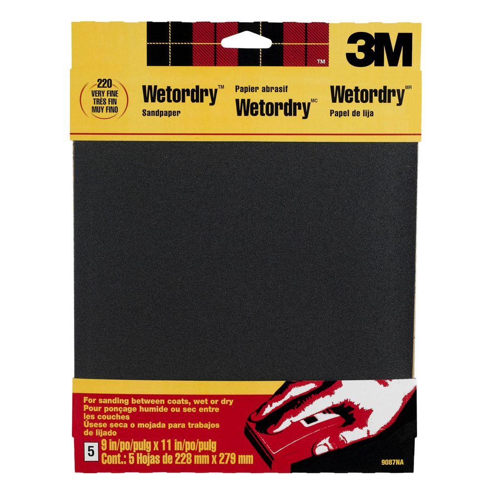 3M 9 inch x 11 inch 220 Grit Fine Silicon Carbide Sandpaper (5-Pack)(Case of 50) by 3M