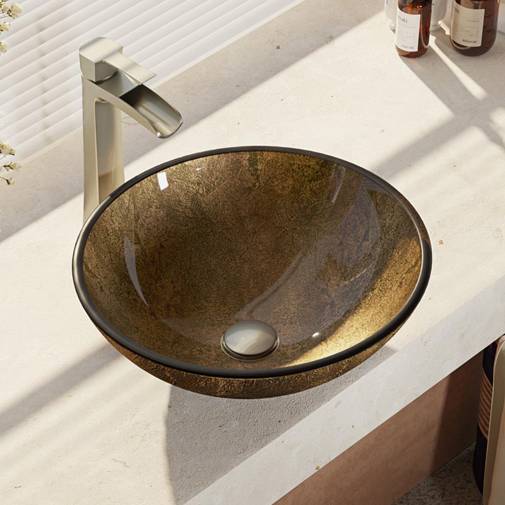 Rene Glass Vessel Sink In Regal Bronze And Earth Tones With R9 7007 Faucet And Pop Up Drain In Brushed Nickel