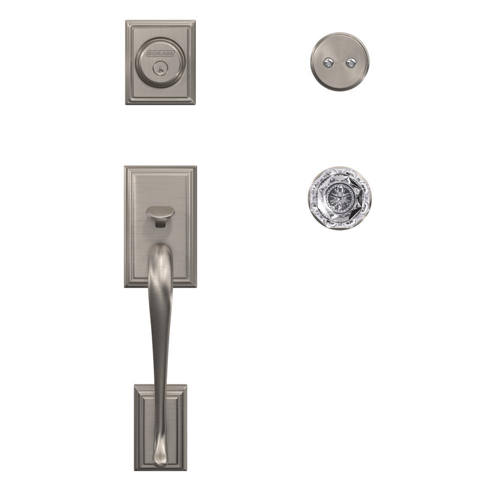 Schlage Addison Satin Nickel Inactive Handleset with Alexandria Glass Knob and Alden TrimFC93