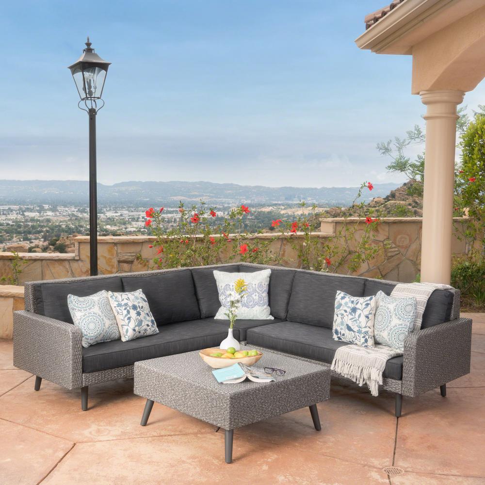 Noble House 4Piece Wicker Patio Sectional Seating Set with Dark Gray