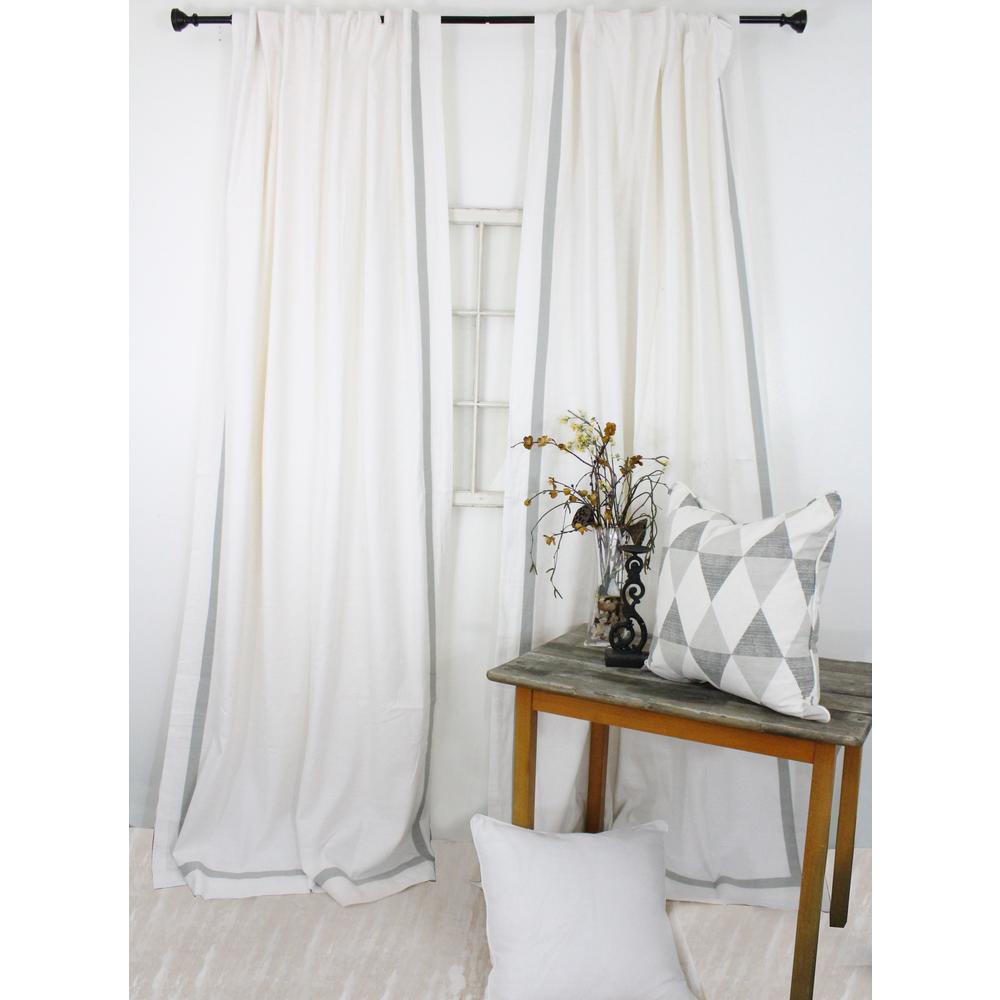 White Cotton Back Tab Curtains D Window Treatments 84 In L White With Mist Grey Trimmed Curtain Panel