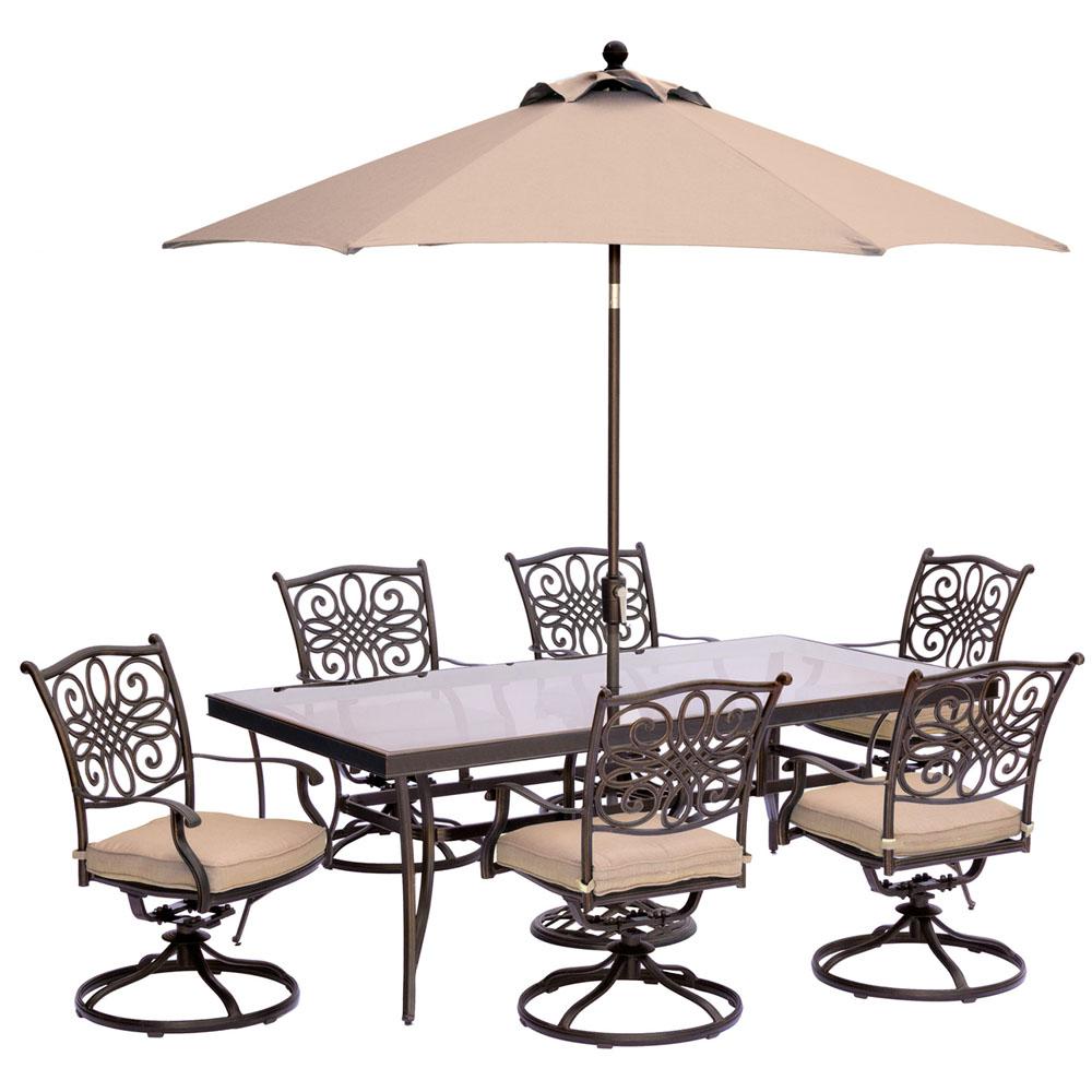 Traditions 7 Piece Outdoor Dining Set With Rectangular Glass Table Swivels Umbrella And Base Natural Oat Cushions