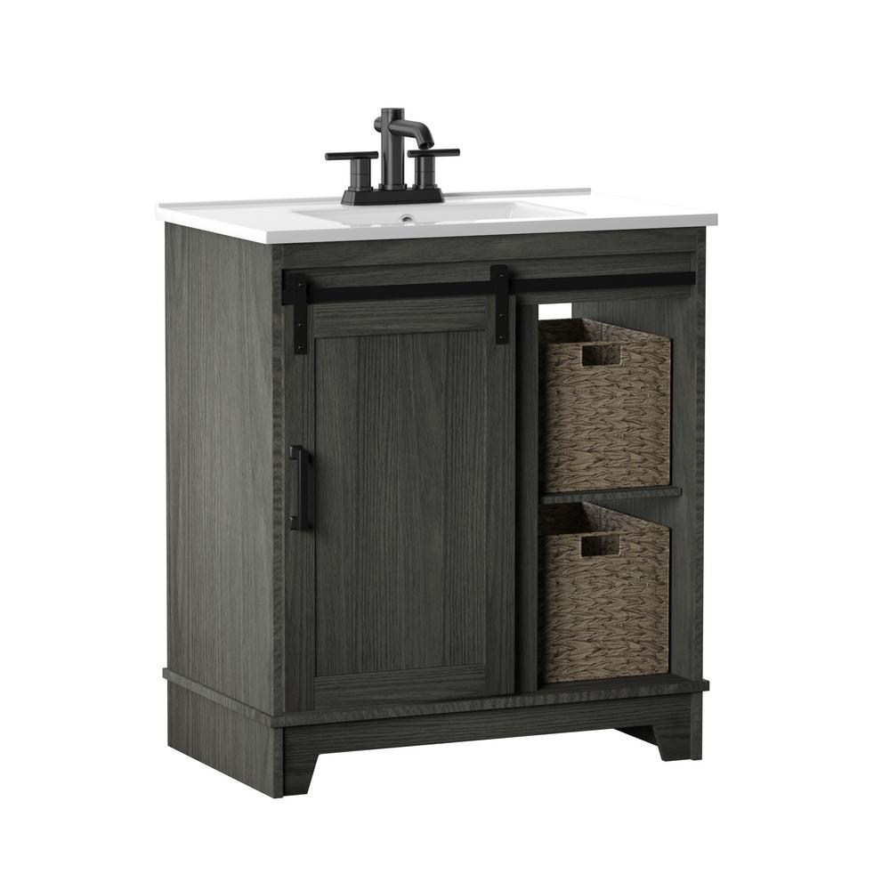 Twin Star Home 30 In D X 18 In W X 34 In Barn Door Bath Vanity In Geneva Oak W Vanity Top In White And White Basin 30bv34004 Po130 The Home Depot