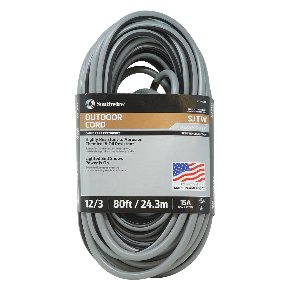 Southwire 80 ft. 12/3 Black/Gray HeavyDuty Extension Cord with Lighted
