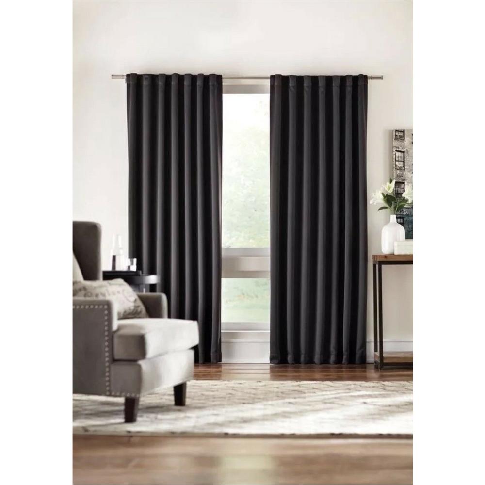Solaris Blackout Black Media Back Tab Curtain 1622300 The Home Depot