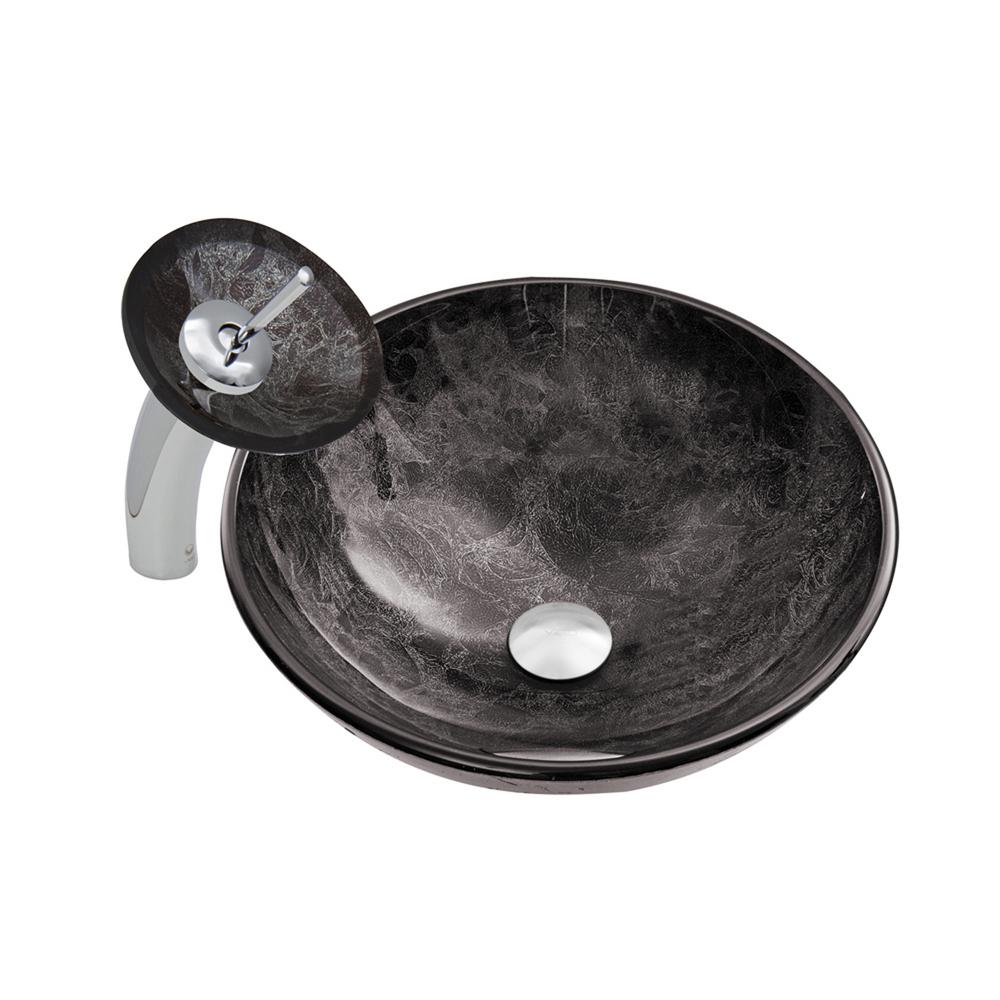 VIGO Glass Vessel Sink in Gray Onyx and Waterfall Faucet Set in Chrome ...