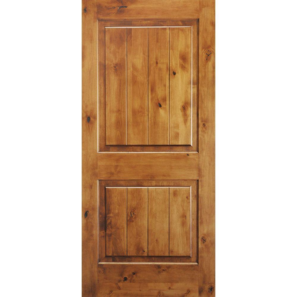 18 In X 96 In Knotty Alder 2 Panel Square Top V Groove Solid Wood Right Hand Single Prehung Interior Door