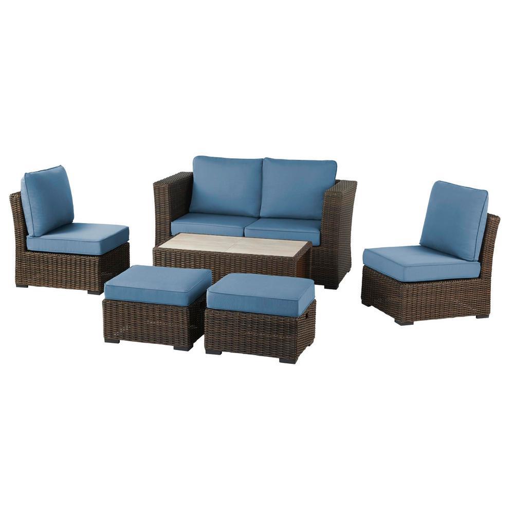Hampton Bay Whitfield 6 Piece Dark Brown Wicker Outdoor Patio Seating Set With Cushionguard Steel Blue Cushions 1007 C4 6pc The Home Depot - Wicker Patio Furniture Set Home Depot Hampton Bay Whitfield 6 Piece Dark Brown Wicker Outdoor Patio Seating Set With Cushionguard Steel Blue Cushions 1007 C4 6pc The Home Depot - Wicker Patio Furniture Set Home Depot