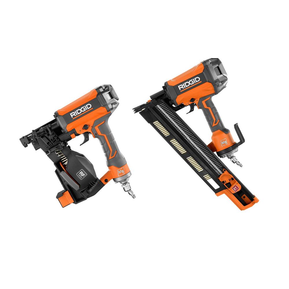 RIDGID Pneumatic 21&deg; 3-1/2 in. Round-Head Framing Nailer and 15&deg; 1-3/4 in. Coil Roofing Nailer