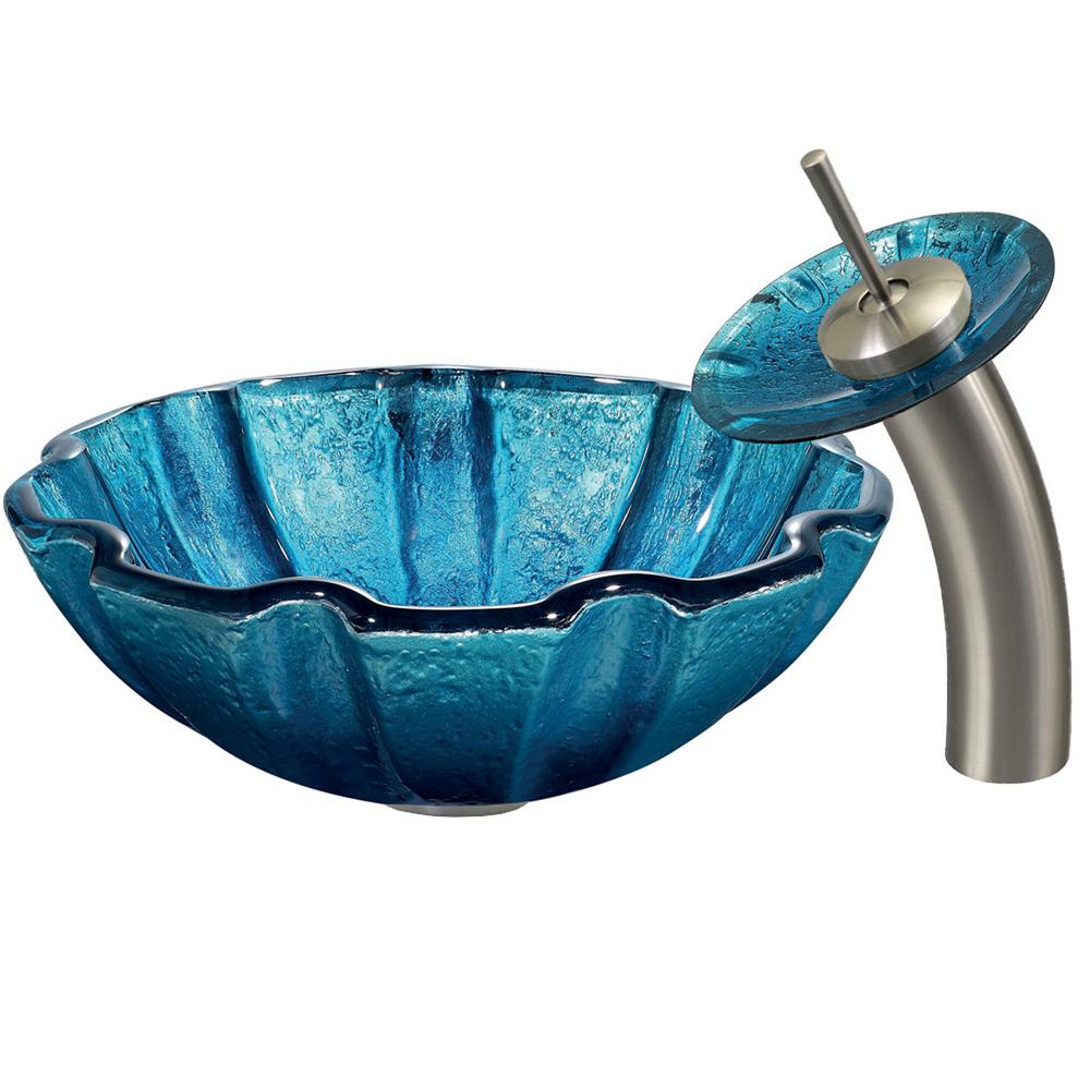 Vigo Mediterranean Seashell Vessel Sink In Blue With Waterfall Gl Vessel Sink In Mediterranean Seashell With Waterfall Faucet Set Brushed Nickel