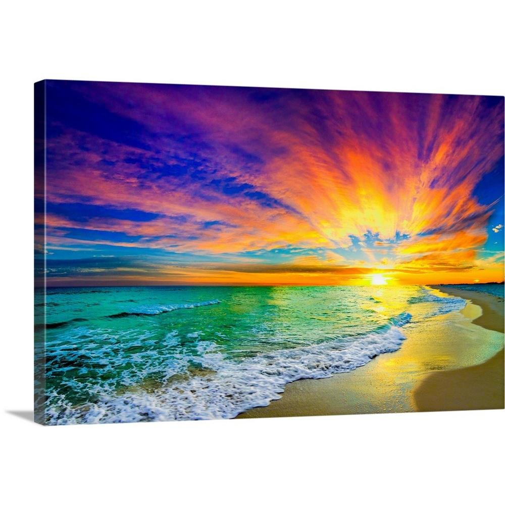 24 In X 16 Colorful Ocean Sunset Orange And Red Beach By Eszra Tanner Canvas Wall Art