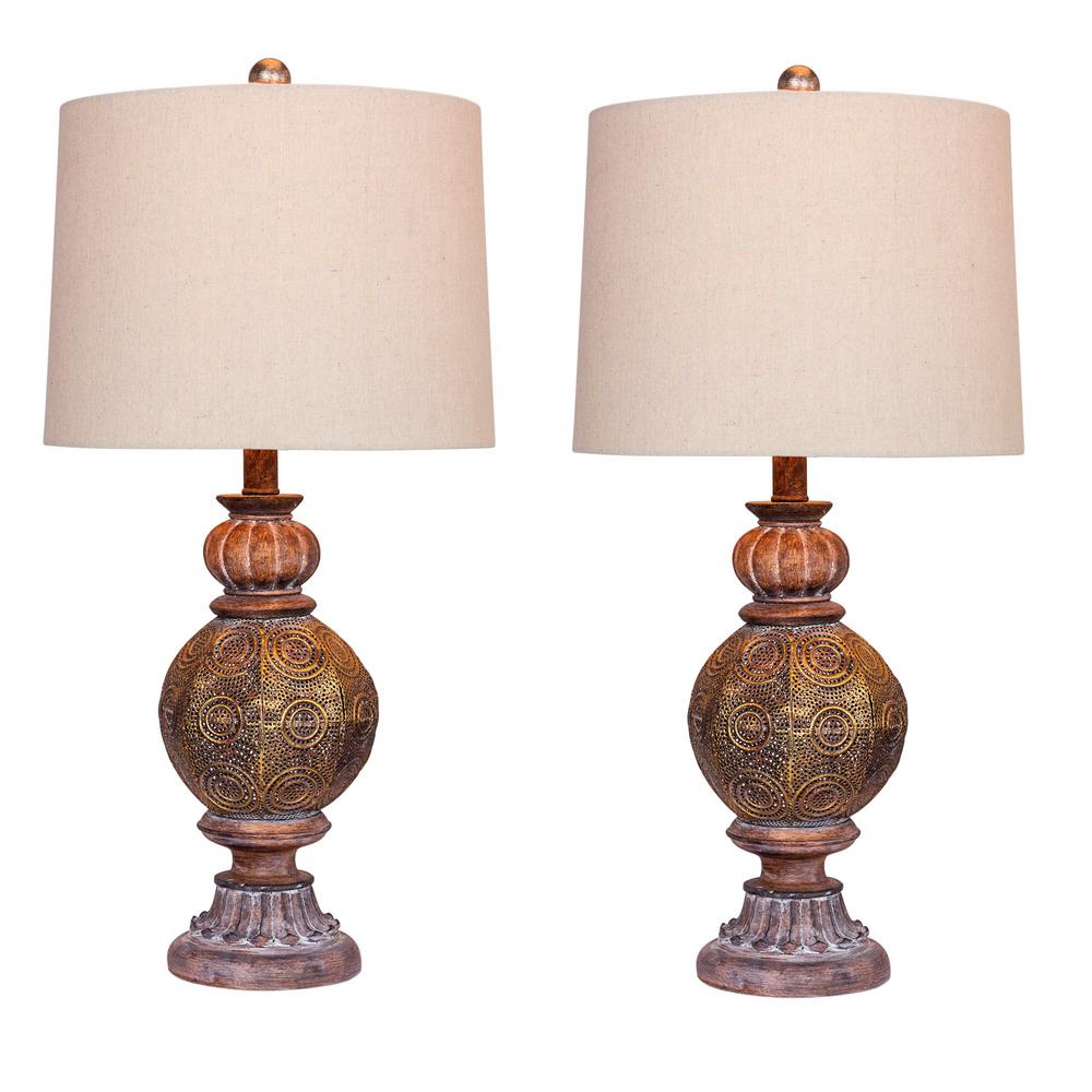 Fangio Lighting 27 In Brown Moroccan Circle Weave Pedestal Urn Metal Table Lamps