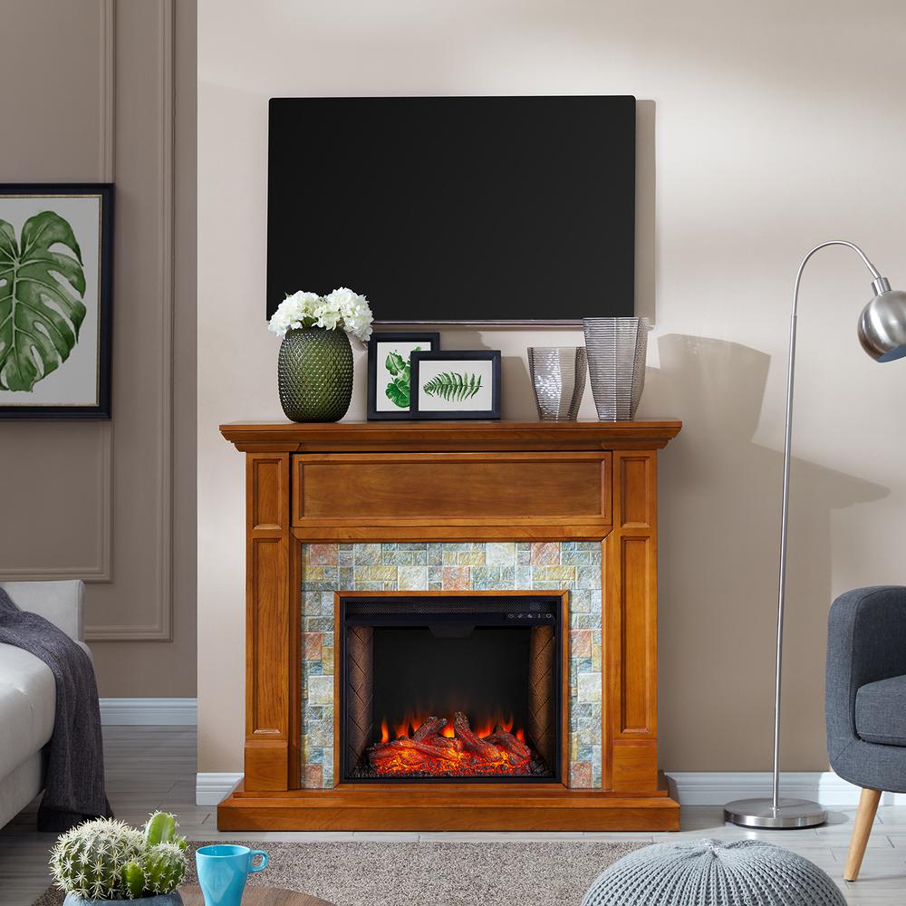 Southern Enterprises Parkson Alexa Enabled Faux Stone 48 In Electric Fireplace In Dark Sienna