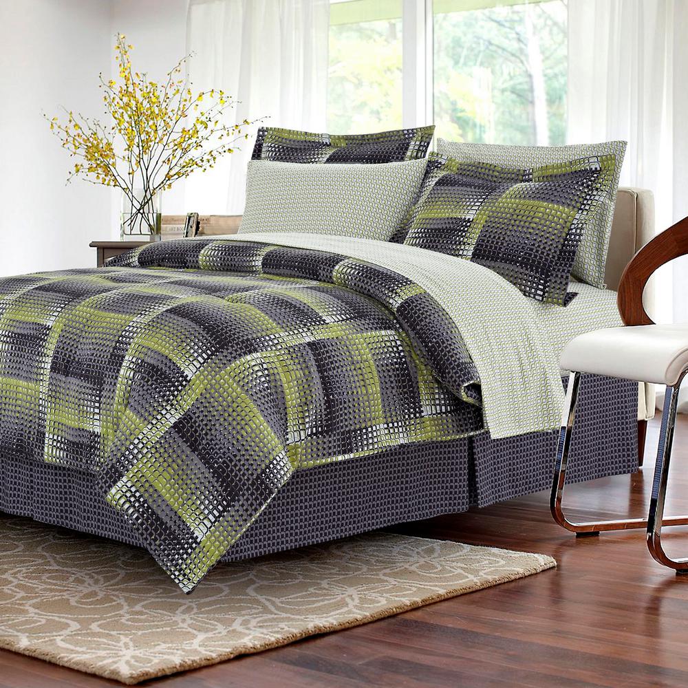 grey white and green bedding